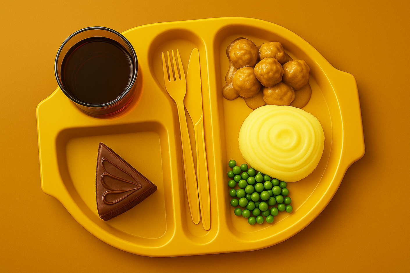 Large Yellow Tray with Swedish Meatballs and Chocolate Cake