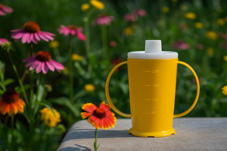 Yellow 2-Handled Beaker with Spout in Garden Setting
