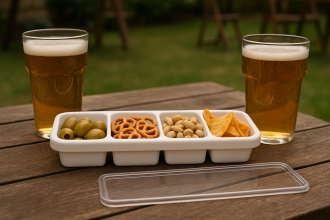 Caddy Box and Lid with Snack and Beer in Pub Garden