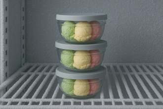 Ice Cream Portions in Small Clear Bowls with Lid in Freezer