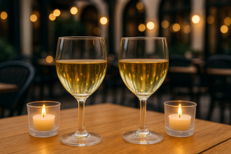 Small Wine Glasses with White Wine in Restaurant Setting