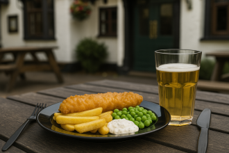 Economy American Style Tumbler with Beer in Pub Garden