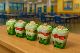 Small Translucent Green Pots with Layered Dessert in School Setting