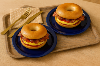 Vintage Wood Tray with Hi Heat Royal Blue Plates and Bagels