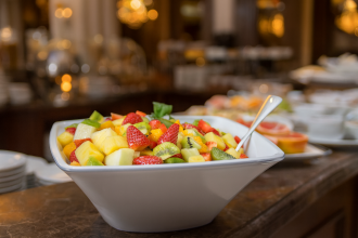 Large Square Display Bowl with Fruit Salad in Hotel Buffet Setting