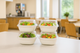 Small Square Bowls and Lids with Salad portions in Office Canteen Setting